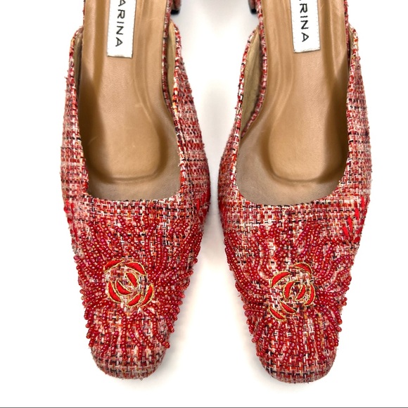 Mandarina Limited Edition Red Tweed Kitten Heel Mules –Beaded Embroidery, Size 8 - Picture 4 of 9